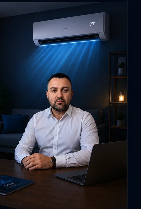 Експерт Назар за робочим столом, а за спиною працює кондиціонер